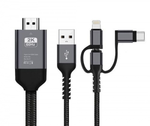 Cablu streaming video 2K iSEN Negru, Compatibil Android iOS, HDMI, Lightning, Type-C, Micro Usb 2m si USB, 1m